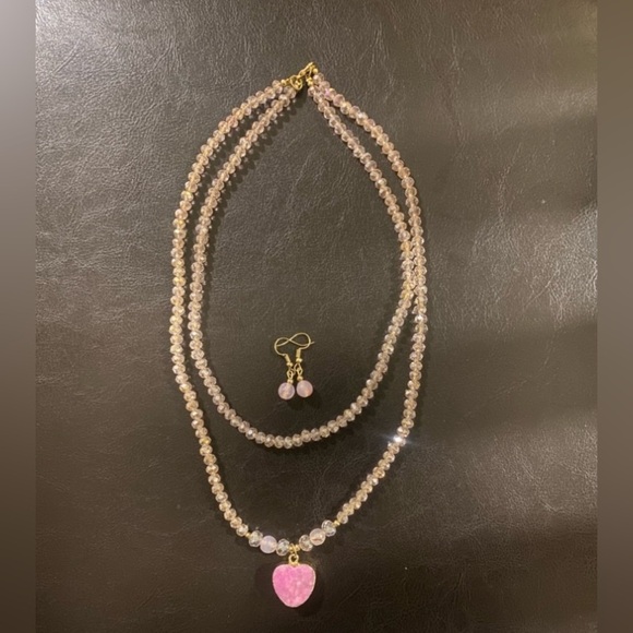 Pink Heart Pendant Necklace with beautiful shiny beads and pink earrings . - Picture 1 of 14